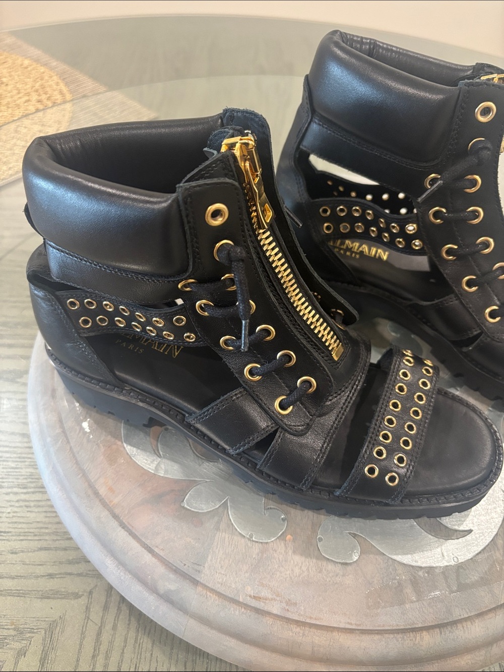 Balmain Paris black leather embellished flats